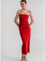midi λύκρα strapless φόρεμα με σούρες (red)
