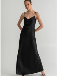 maxi φόρεμα με σατινέ υφή και τιράντες (black)