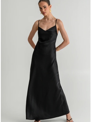 maxi φόρεμα με σατινέ υφή και τιράντες (black)