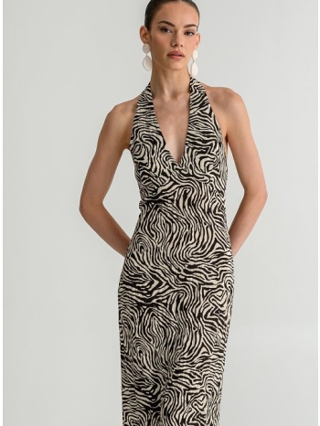 midi ρουστίκ halter φόρεμα με σκίσιμο πίσω και zebra print σε προσφορά