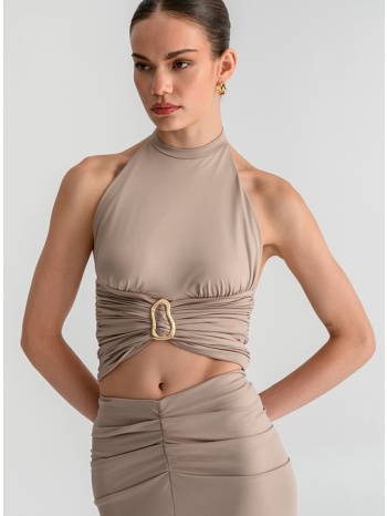 λύκρα halter κροπ τοπ με μεταλλική λεπτομέρεια (tan)