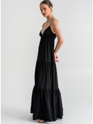 maxi φόρεμα σε α γραμμή με τιράντες και βολάν (black)