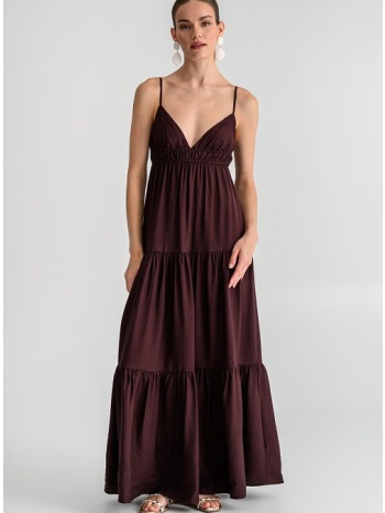 maxi φόρεμα σε α γραμμή με τιράντες και βολάν (brown)