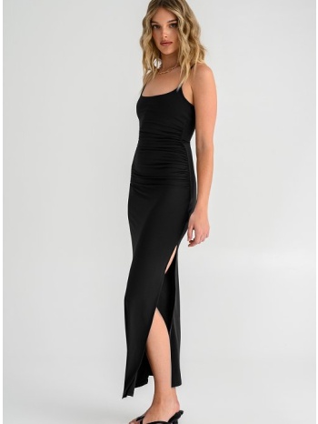 midi φόρεμα με σούρες και σκίσιμο στο πλάι (black)