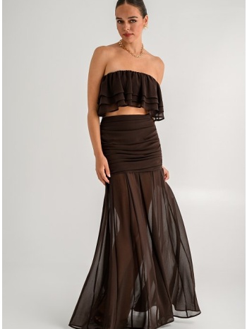 maxi φούστα με σούρες και see-through τελείωμα (brown)