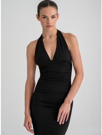 midi εφαρμοστό halter φόρεμα με σούρες (black)