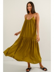 maxi φόρεμα με σατινέ υφή και άνοιγμα στην πλάτη (olive)
