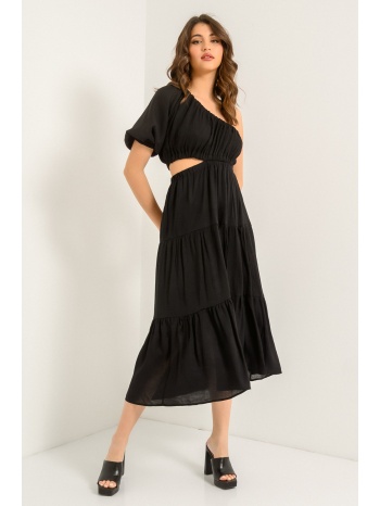 midi φόρεμα με έναν ώμο και βολάν (black)