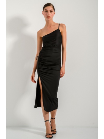 midi φόρεμα με έναν ώμο και γυαλιστερή όψη (black)