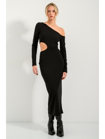 midi ριπ φόρεμα με ασύμμετρο ντεκολτέ (black)
