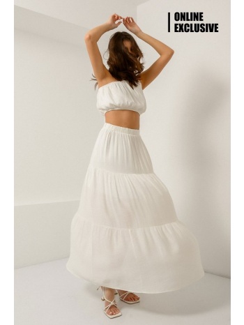 maxi λινή φούστα με βολάν και φόδρα (white)