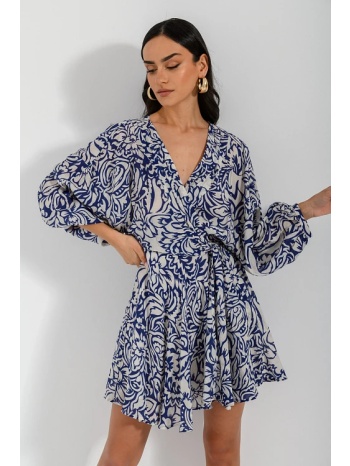 μίνι φλοράλ φόρεμα με βολάν (blue/offwht)