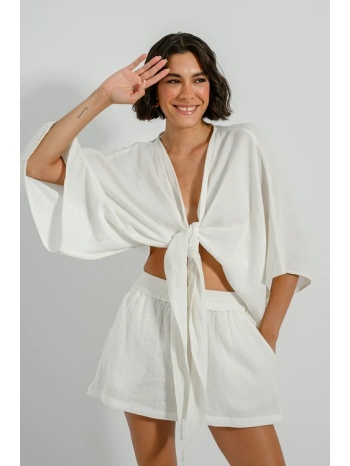 μπλούζα κροπ τοπ με δέσιμο και μανίκια 3/4 (off white) σε προσφορά