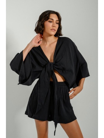 μπλούζα κροπ τοπ με δέσιμο και μανίκια 3/4 (black) σε προσφορά