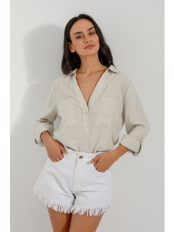 λινή μπλούζα με γιακά και κουμπιά (sand) σε προσφορά