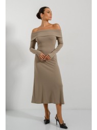 midi φόρεμα με ακάλυπτους ωμους (beige)