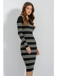 midi ριπ πλεκτό φόρεμα με ρίγες (blk/beige)