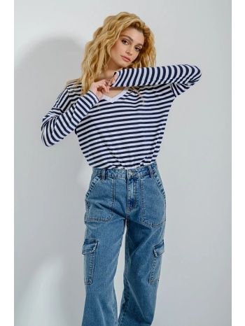 ριγέ μπλούζα με v ντεκολτέ (mrn/white) σε προσφορά