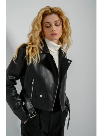 κροπ biker τζάκετ δερματίνη με ζώνη (black) σε προσφορά