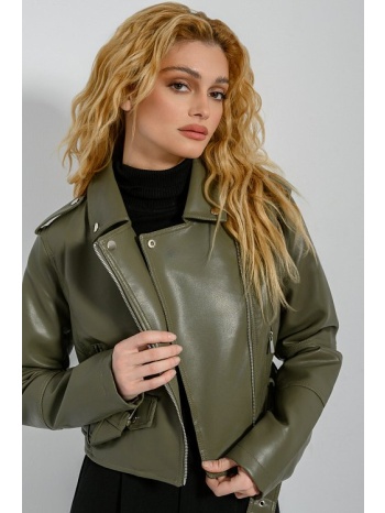 κροπ biker τζάκετ δερματίνη με ζώνη (khaki) σε προσφορά