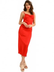 midi φόρεμα με σατινέ όψη και άνοιγμα (red)