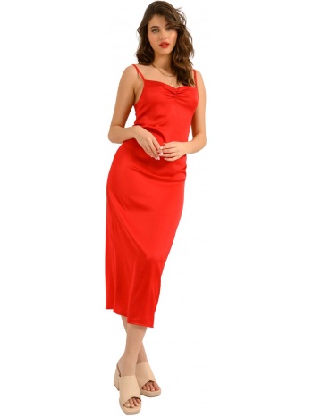 midi φόρεμα με σατινέ όψη και άνοιγμα (red) σε προσφορά