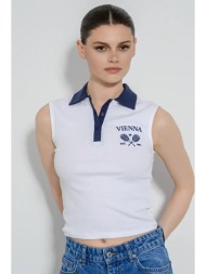 αμάνικο ριπ τοπ με γιακά και τύπωμα (off white)