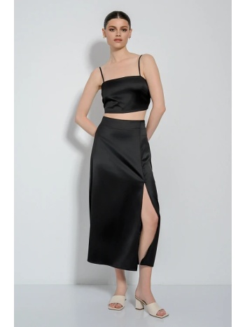midi φούστα με σκίσιμο μπροστά και σατινέ υφή (black) σε προσφορά