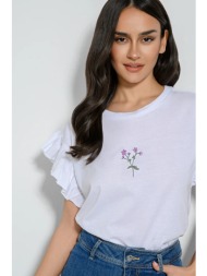t-shirt με τύπωμα και βολάν στα μανίκια (white)