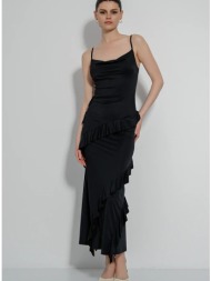 midi ντραπέ φόρεμα με βολάν (black)