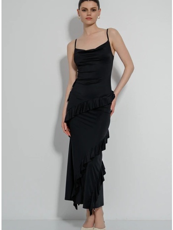 midi ντραπέ φόρεμα με βολάν (black) σε προσφορά