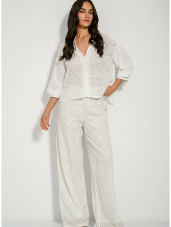 broderie wide leg παντελόνι με διάτρητα σχέδια (white) σε προσφορά