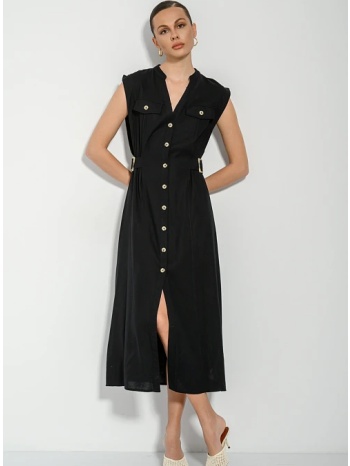 midi λινό φόρεμα με σκίσιμο μπροστά (black) σε προσφορά