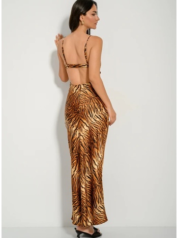 maxi φόρεμα με animal print, σατινέ υφή και ανοιχτή πλάτη σε προσφορά