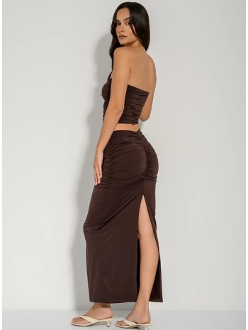 maxi λύκρα φούστα με σούρες και σκίσιμο πίσω (brown) σε προσφορά