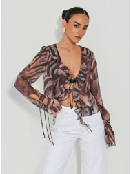 μακρυμάνικο ημιδιάφανο τοπ με zebra print (multi)