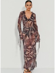 maxi ημιδιάφανο φόρεμα με zebra print και βολάν (multi)