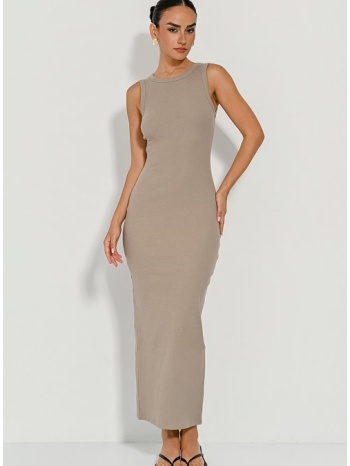 midi halter ριπ φόρεμα με σκίσιμο πίσω (beige)