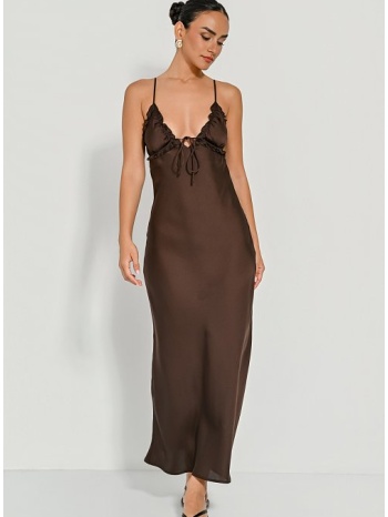 midi φόρεμα με σατινέ υφή και δέσιμο μπροστά (brown) σε προσφορά