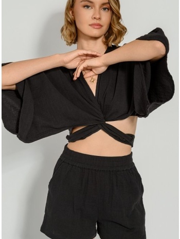 μπλούζα κροπ τοπ με δέσιμο και μανίκια 3/4 (black) σε προσφορά