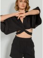 μπλούζα κροπ τοπ με δέσιμο και μανίκια 3/4 (black)