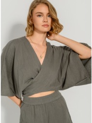 μπλούζα κροπ τοπ με δέσιμο και μανίκια 3/4 (khaki)