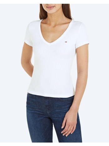 tommy jeans tjw slim essential rib v ss dw0dw17385-ybr white