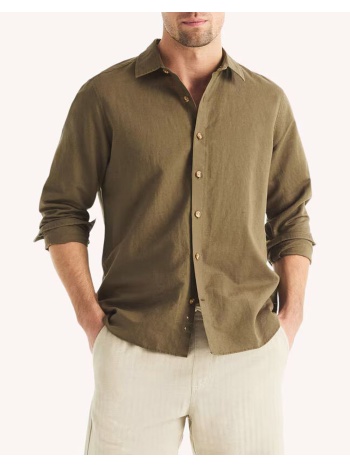 nautica πουκαμισο μμ l/s linen solid fca 3ncwr6548-3gl khaki