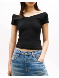 tommy jeans tjw slim off shoulder rib ss top dw0dw22265-bds black