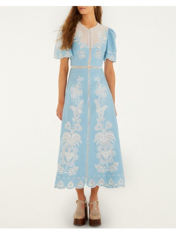 farm rio light blue embroidery short sleeve midi dress-blue
