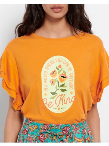 funky buddha t-shirt με βολάν στο μανίκι και τύπωμα