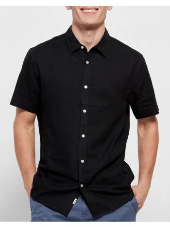 funky buddha κοντομάνικο λινό πουκάμισο fbm007-002-05-black