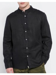 funky buddha λινό πουκάμισο με λαιμό mao fbm007-003-05-black black