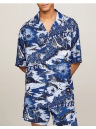 tommy jeans tjm ao hawaiian camp shirt ext dm0dm18950-0ka blue